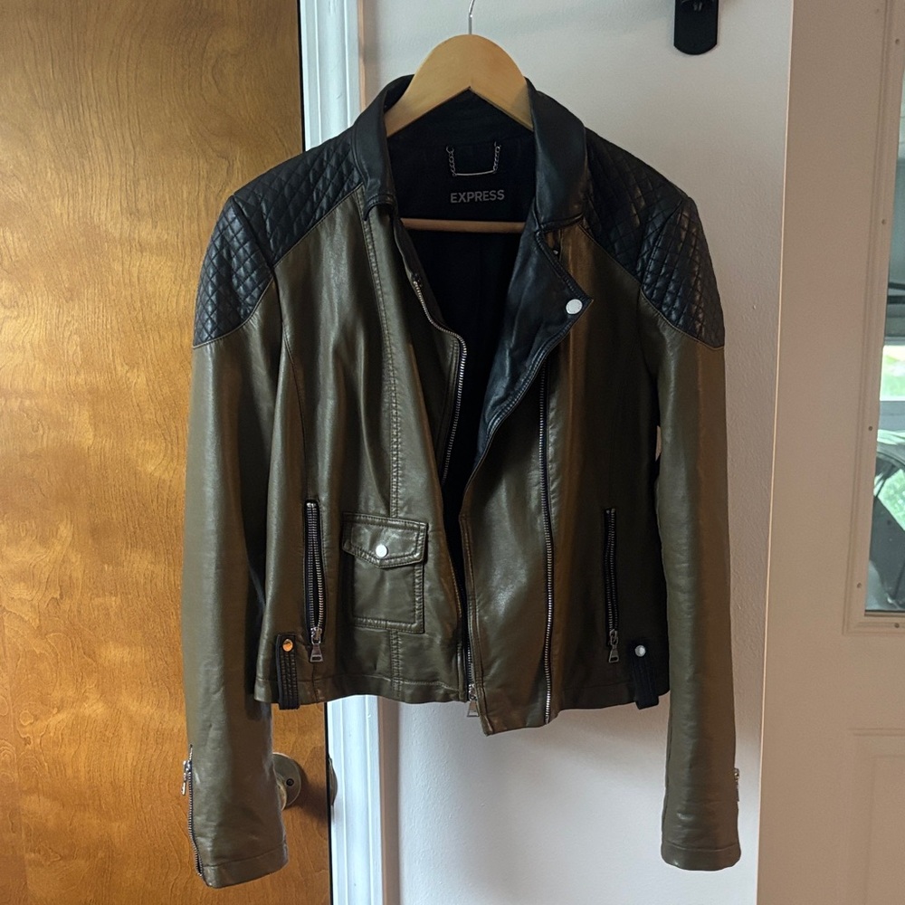 Express Olive & Black Quilted Faux Leather Moto Jacket